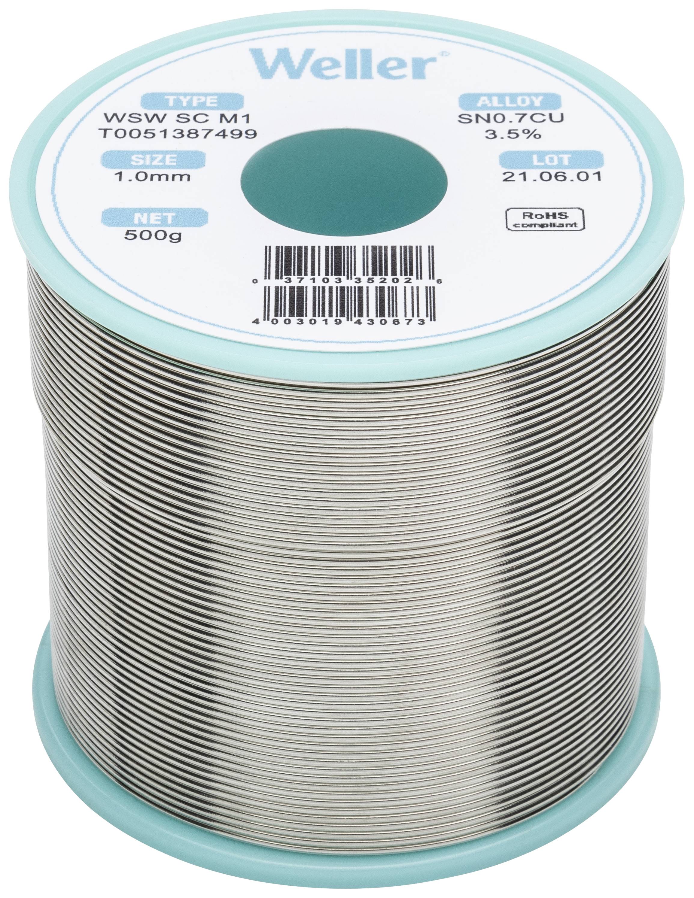Soldeertin rol van Weller, type WSW SC M1, SN0.7CU 3.5%, maat 1.0 mm, nettogewicht 500 g, lotnummer 21.05.01, RoHS-conform.