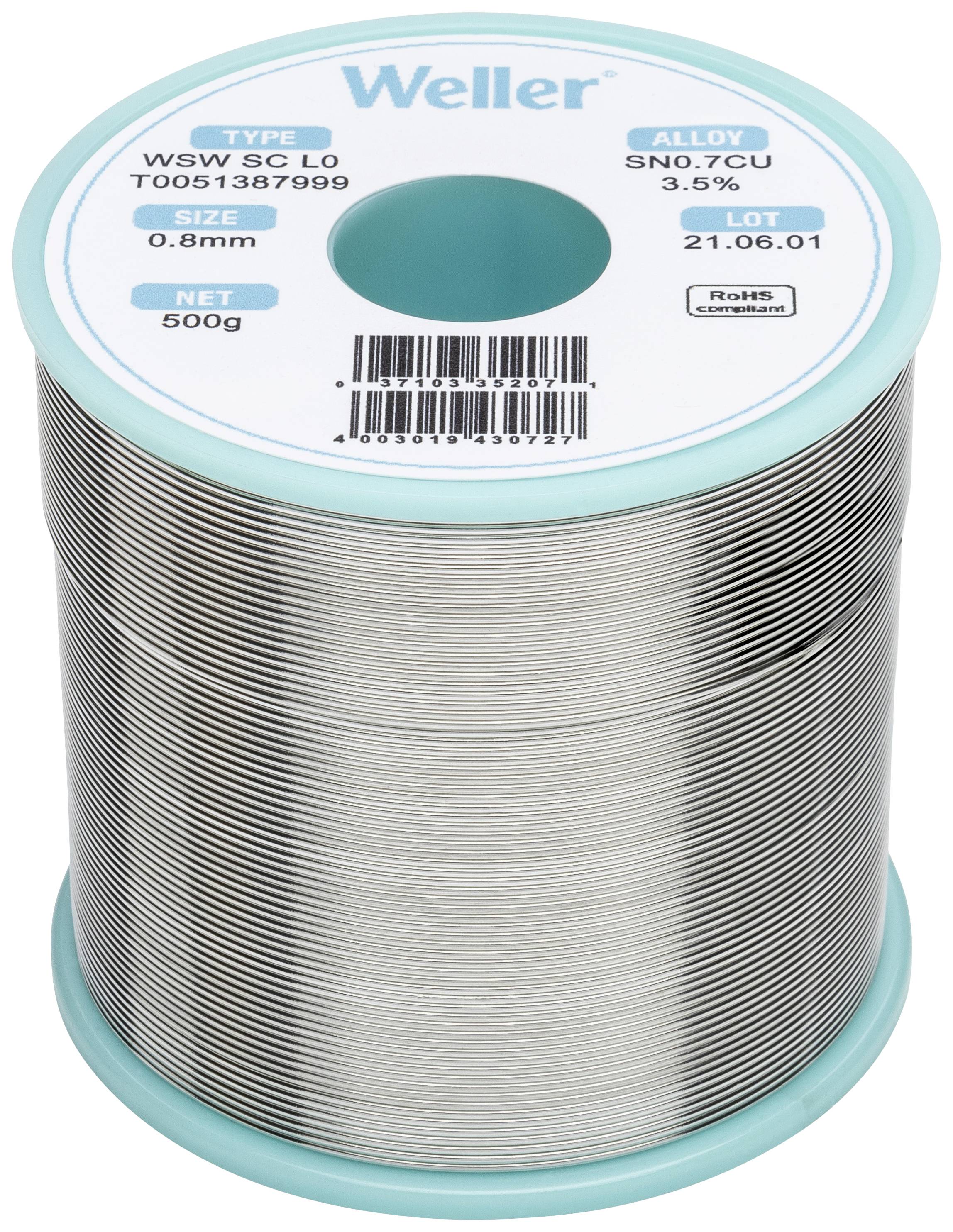 Soldeertin-spoel van het merk 'Weller', type WSW SC L0, legering SN0.7CU 3.5%, diameter 0,8mm, gewicht 500g, lotnummer 21.05.01.