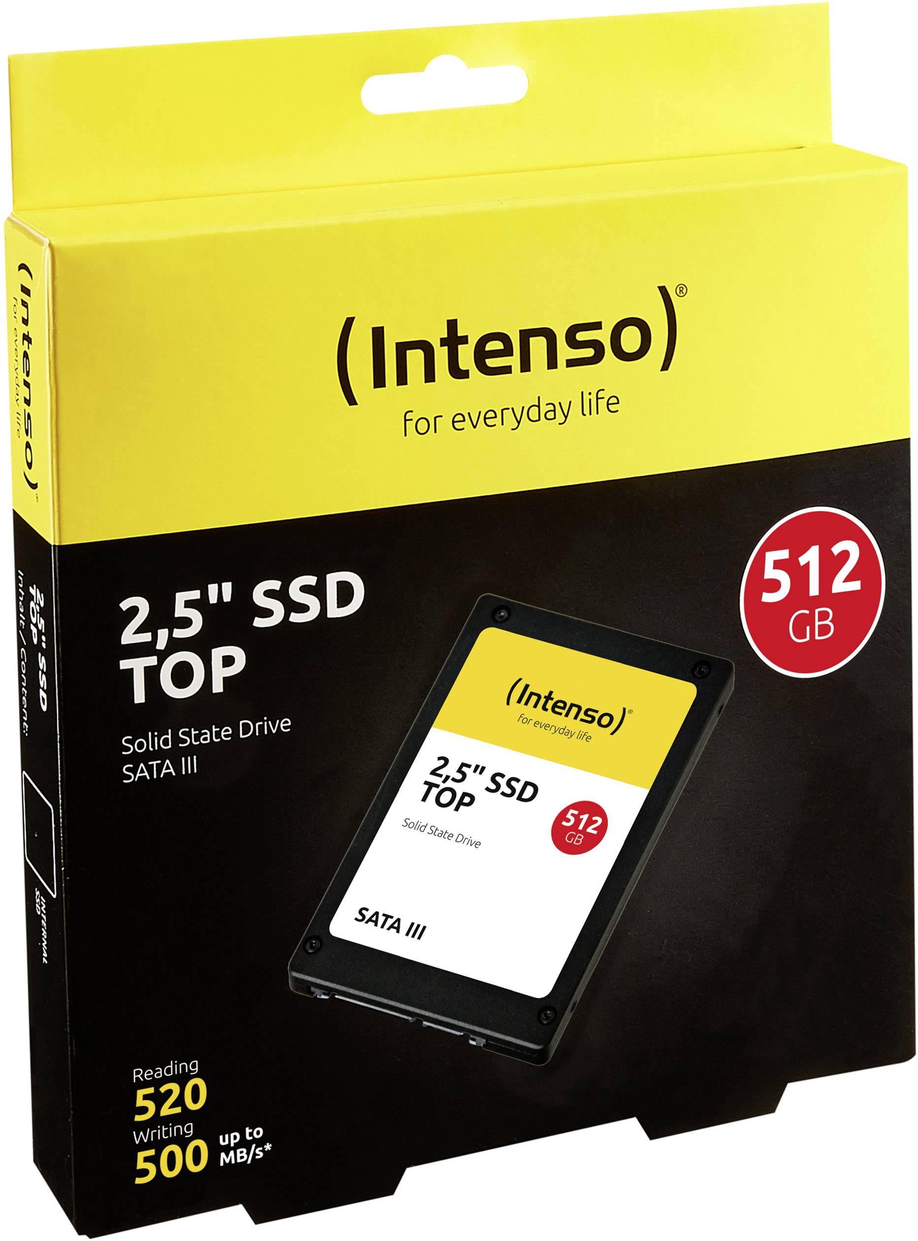Verpakking van een 'Intenso' 2,5" SSD TOP met 512 GB. Specificaties: Lezen tot 520 MB/s, Schrijven tot 500 MB/s, SATA III-interface.