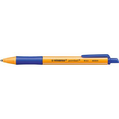 Een oranje-blauwe balpen van het merk Stabilo ligt horizontaal.