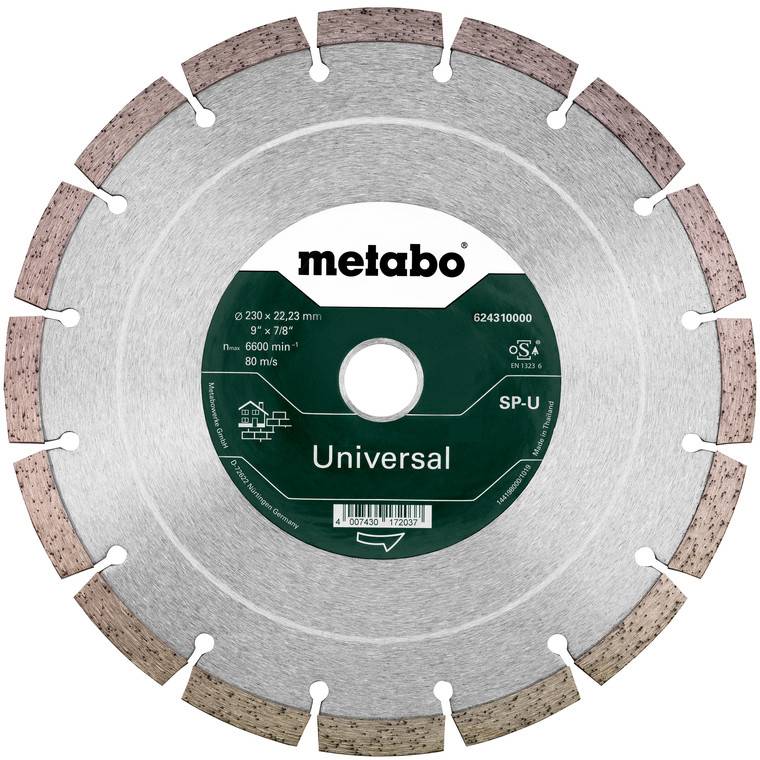 Metabo universeel diamantzaagblad met gesegmenteerde rand en centraal etiket, weergegeven in vooraanzicht op witte achtergrond.