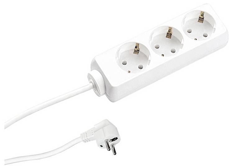 Een witte stekkerdoos met drie stopcontacten, voorzien van een aangesloten stekker, geschikt voor standaard Europese wandcontactdozen, veelal gebruikt om elektrische aansluitingen uit te breiden.