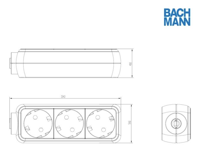 Technische tekening van een Bachmann 3-voudig stopcontactblok, met afmetingen en stopcontactindeling vanuit boven- en zijaanzicht.