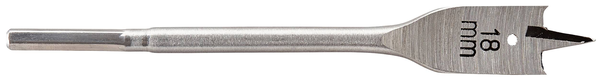 Platte frees-boor met opschrift '18 mm' voor het boren in hout, met een scherpe punt en een platte body voor snelle materiaalverwijdering.