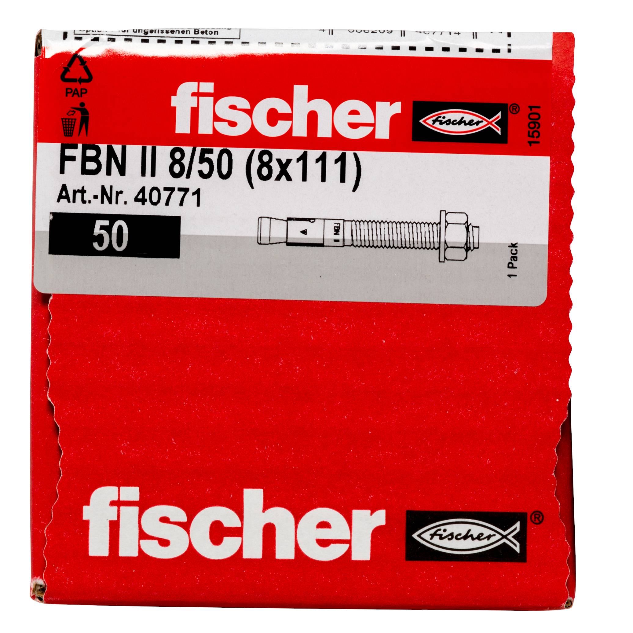 Red Fischer hardwarepakket met label 'FBN II 8/50 (8x111)' met een boutillustratie en hoeveelheid 50.