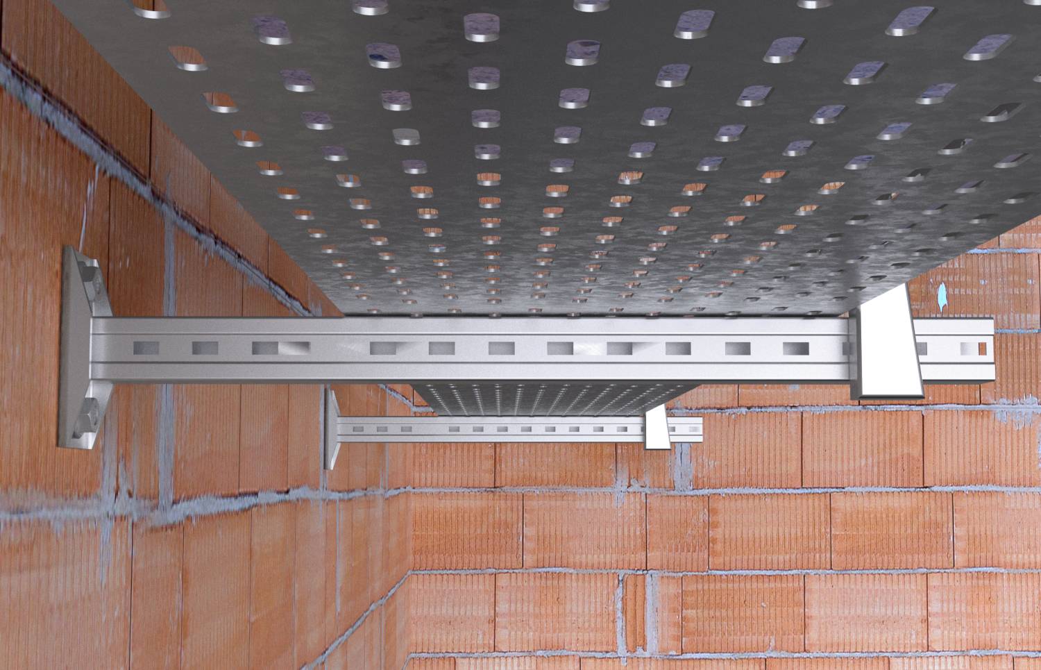 Opgehangen metalen plafondkanaal systeem met beugels gemonteerd in een onafgewerkte bakstenen ruimte, van onderaf gezien.