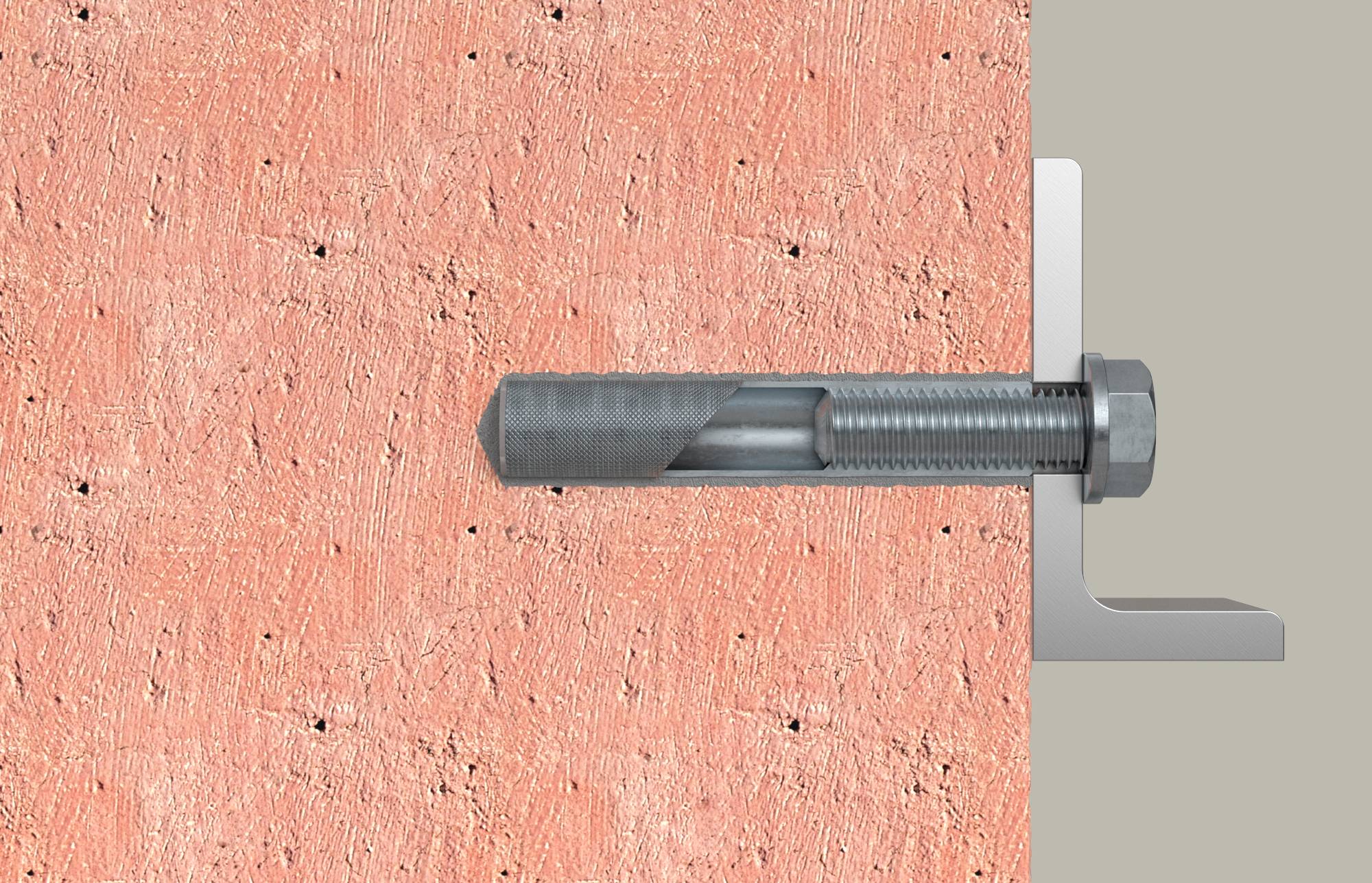 Een metalen ankerbout is door een roze betonnen wand geïnstalleerd in een grijs L-vormig beugel aan de rechterkant.