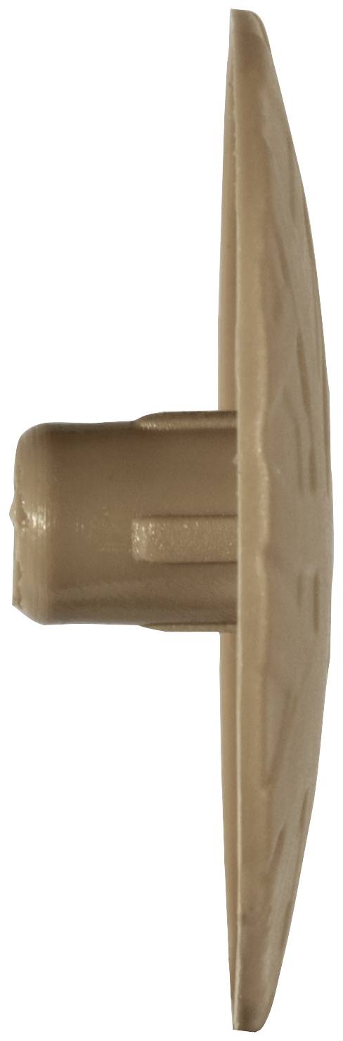 Zijaanzicht van een beige punaise met een afgerond plastic kopje en korte cilindrische pin.