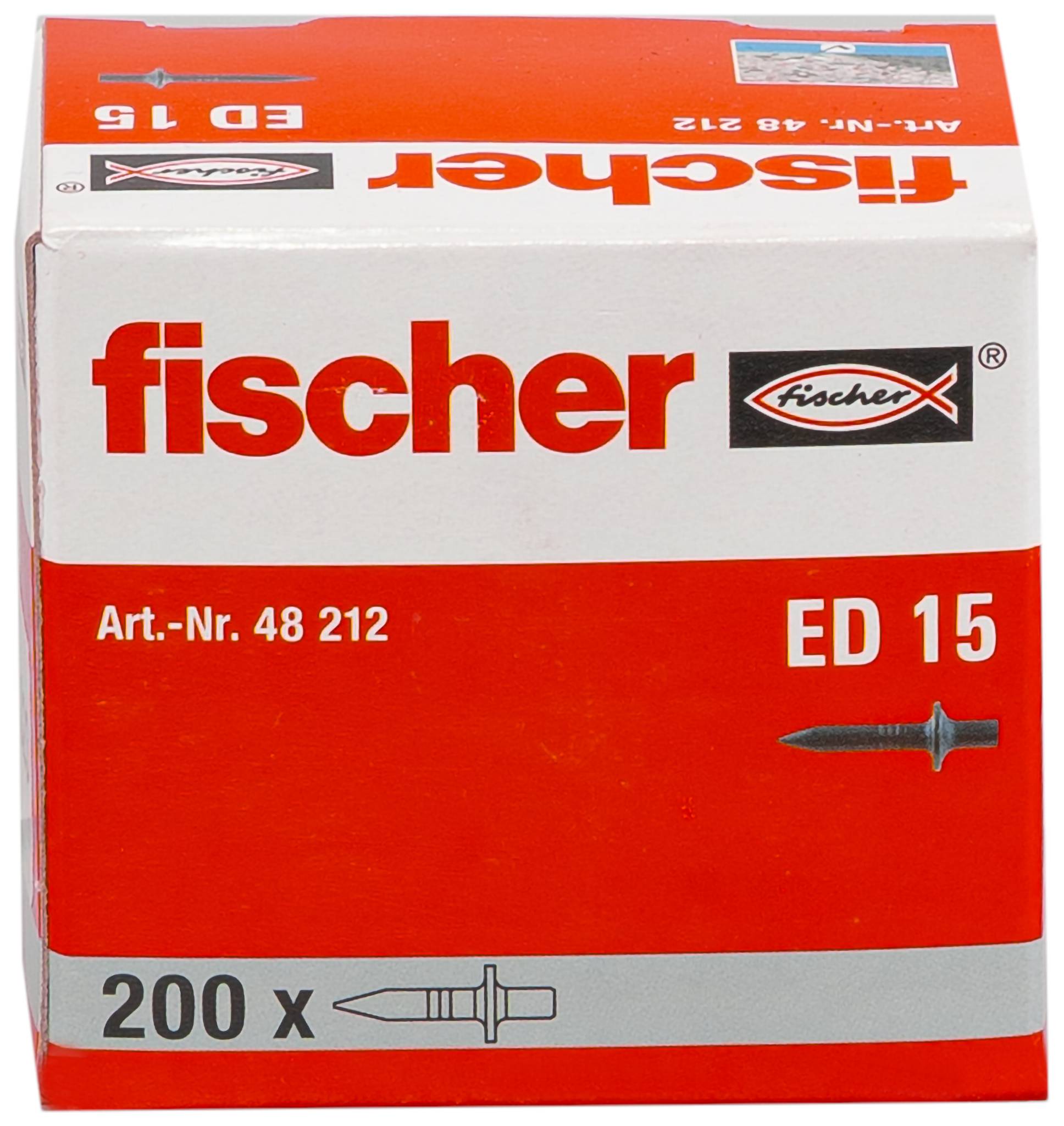 Doos met fischer ED 15 wandpluggen, gelabeld 'Art.-Nr. 48 212' en '200 x', weergegeven frontaal op een witte achtergrond.