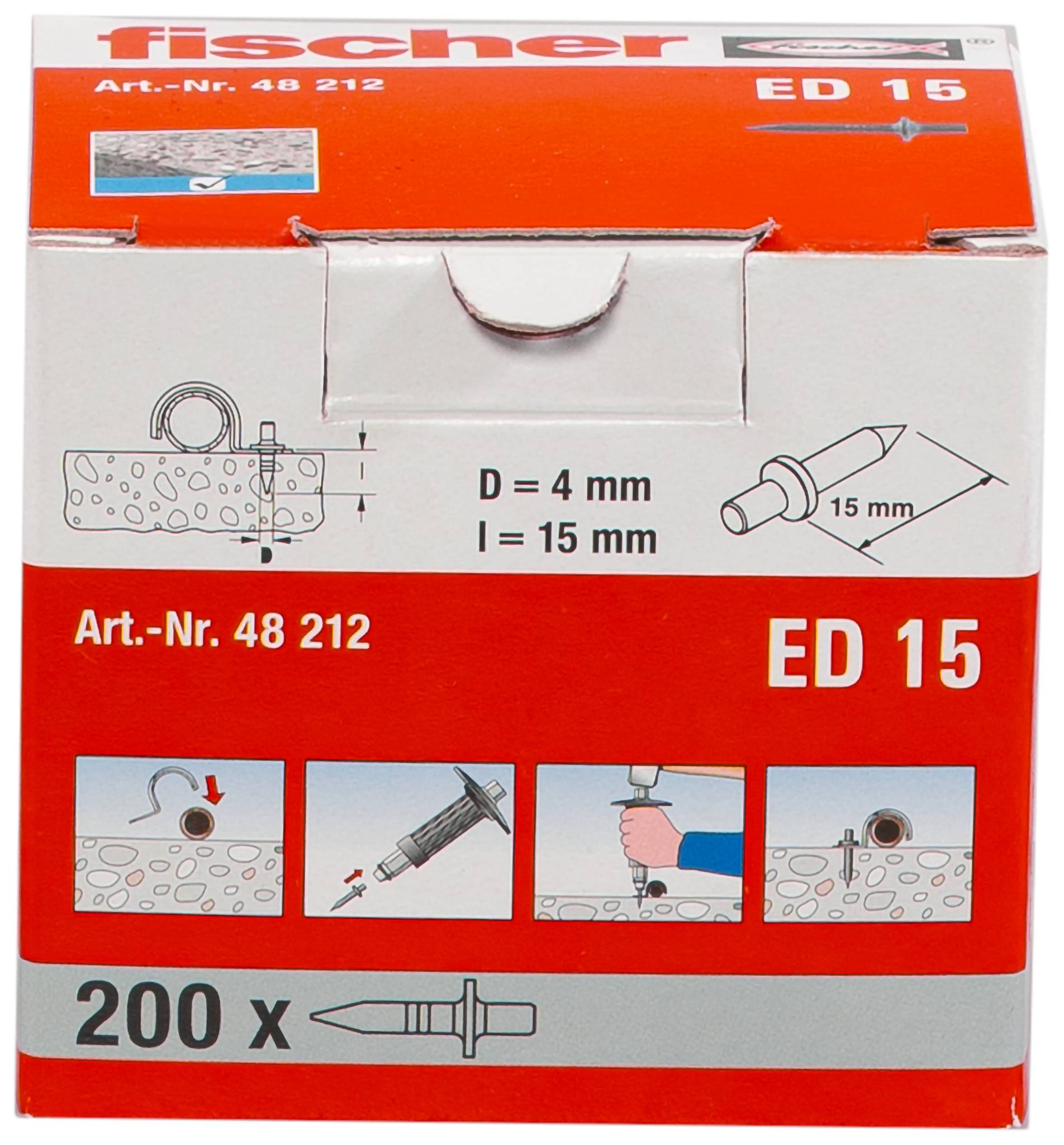 Productdoos voor Fischer ED 15 wandpluggen, met aanduiding 'D = 4 mm' en 'I = 15 mm', pak van 200