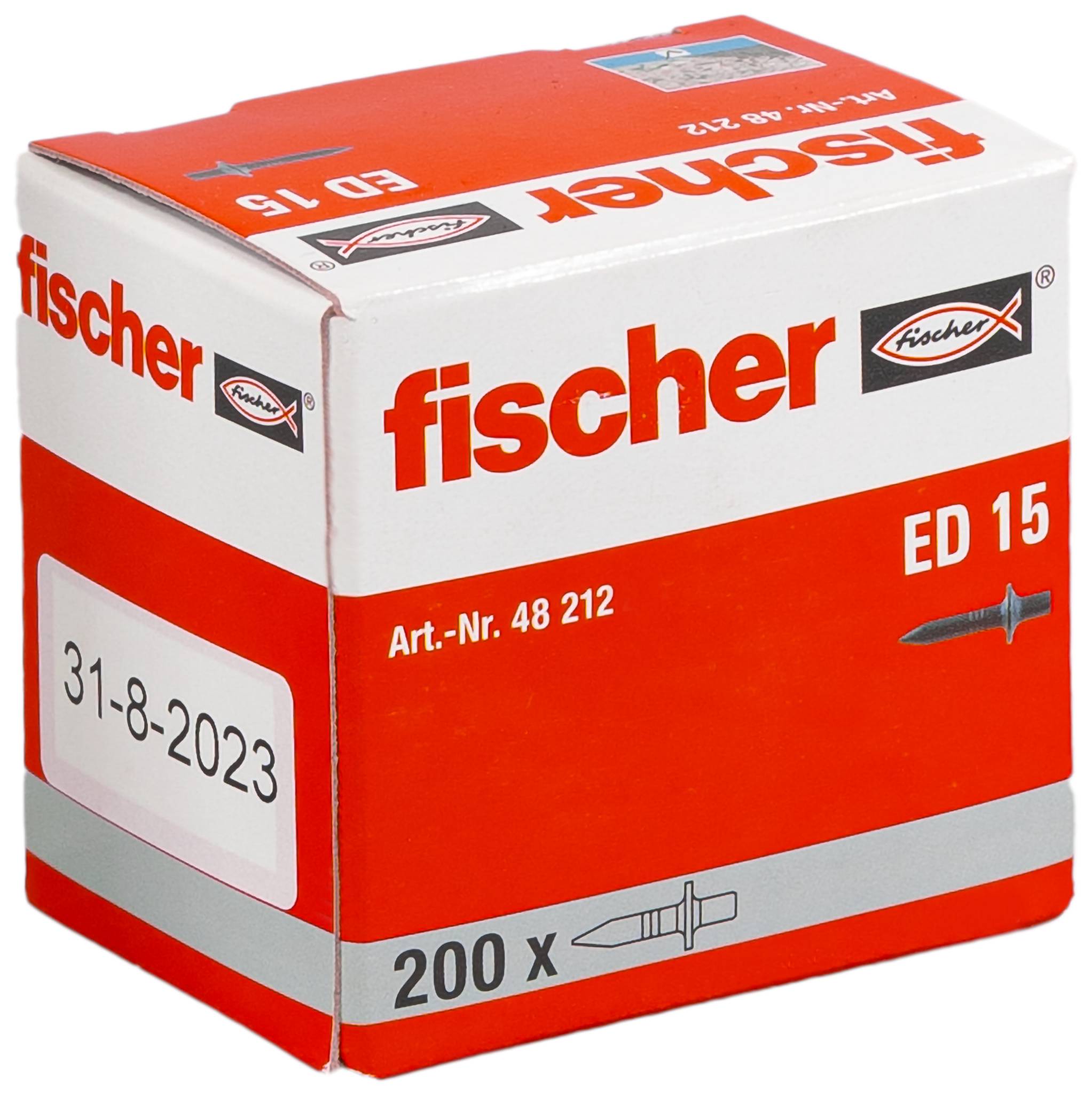Rood en wit Fischer ED 15 productdoos gelabeld met 'fischer', 'Art.-Nr. 48 212', '200 x', en datum '31-8-2023'.