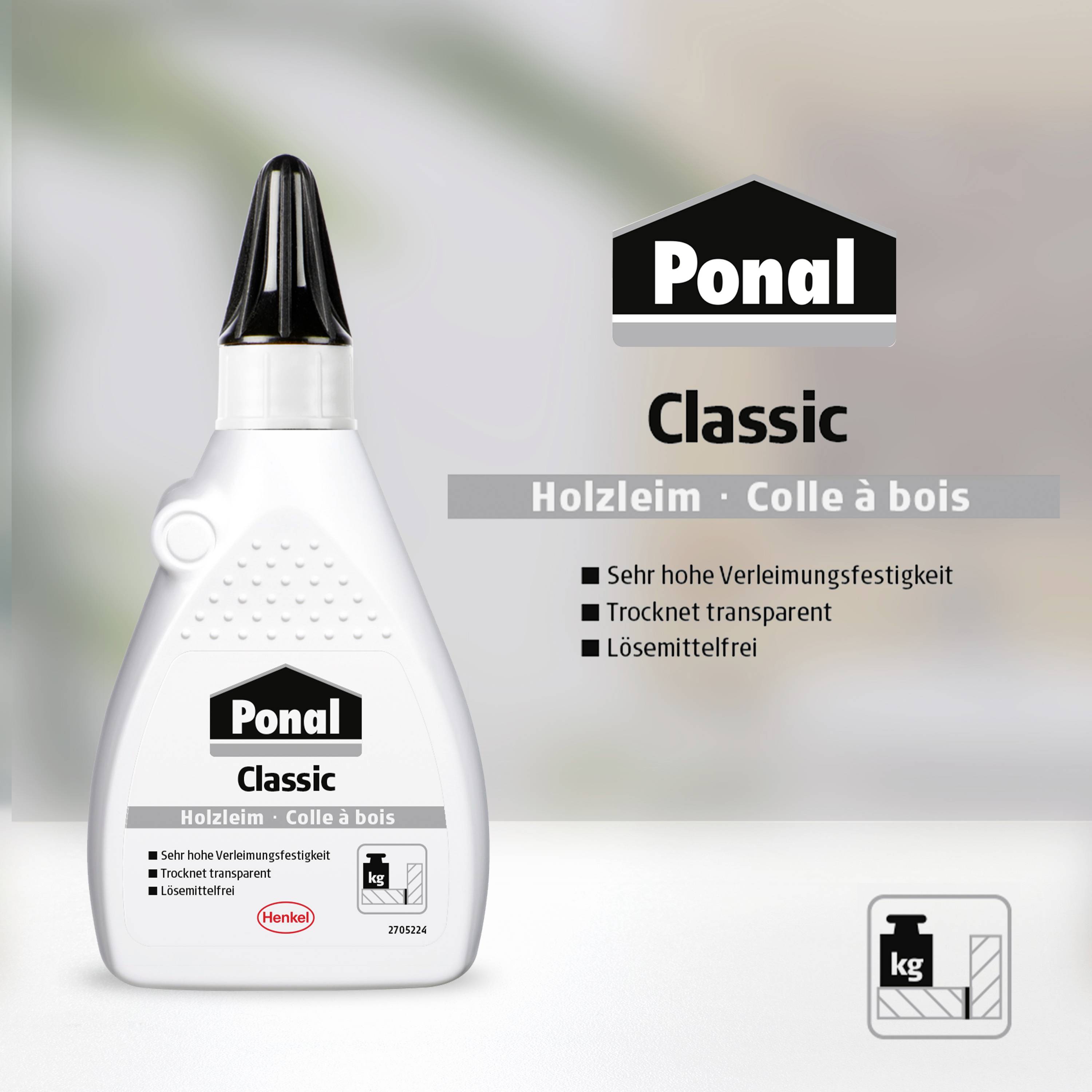 'Ponal Classic Houtlijm' fles tegen een onscherpe achtergrond. Tekst op de fles: 'Houtlijm, zeer hogelijmsterkte, droogt transparant, oplosmiddelvrij'.