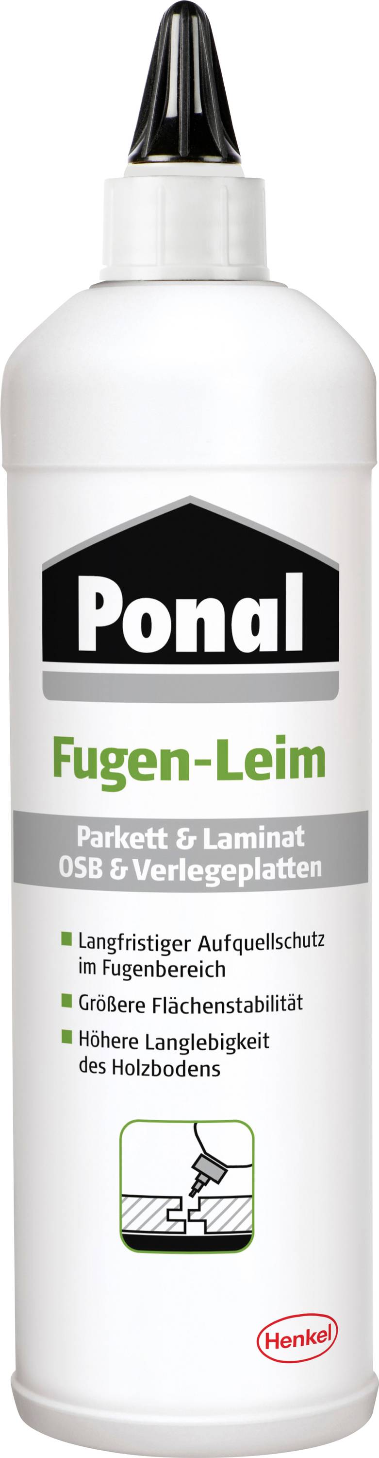 'Ponal Fugen-Leim' fles voor parket en laminaat met eigenschappen: langdurige voegbescherming, betere stabiliteit en duurzaamheidsverbetering.