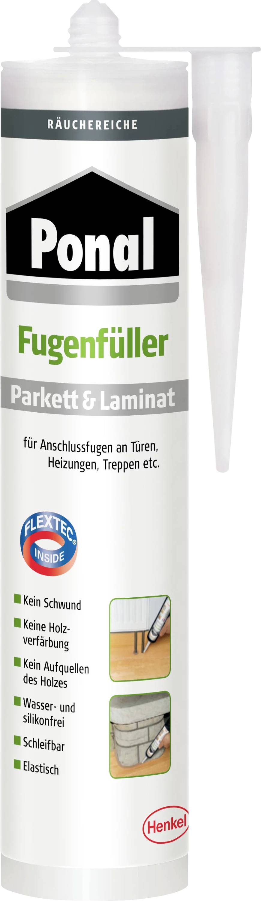 Cartridge met voegenvuller voor parket en laminaat: geschikt voor aansluitvoegen bij deuren, verwarmingen en trappen. "Geen krimp, geen houtverkleuring".