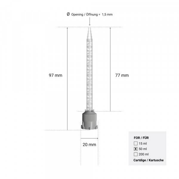 'Kartuschetip met 1,5 mm opening, 97 mm totale lengte. Geschikt voor 15 ml, 50 ml en 200 ml kartusjes. Afmetingen: 77 mm punt, 20 mm basis.'