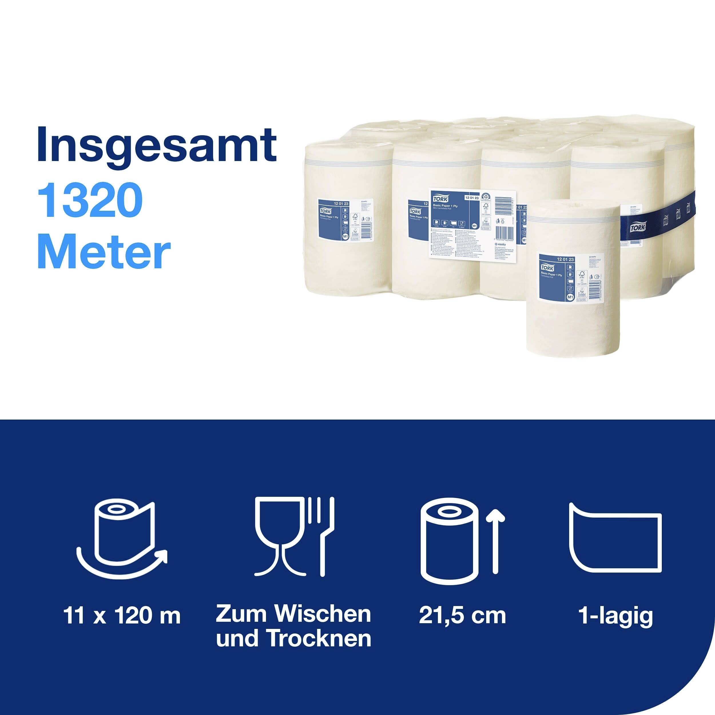 Zes rollen papieren handdoeken, in totaal 1320 meter lang. Details: 11 rollen à 120 m, geschikt voor vegen en drogen, 21,5 cm breed, 1-laags.