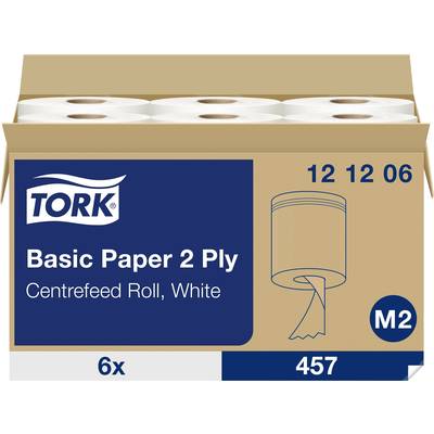 Een verpakking toiletpapier, merk 'Tork', met zes rollen tweeplags papier, gecentreerde afrolling, kleur Wit.