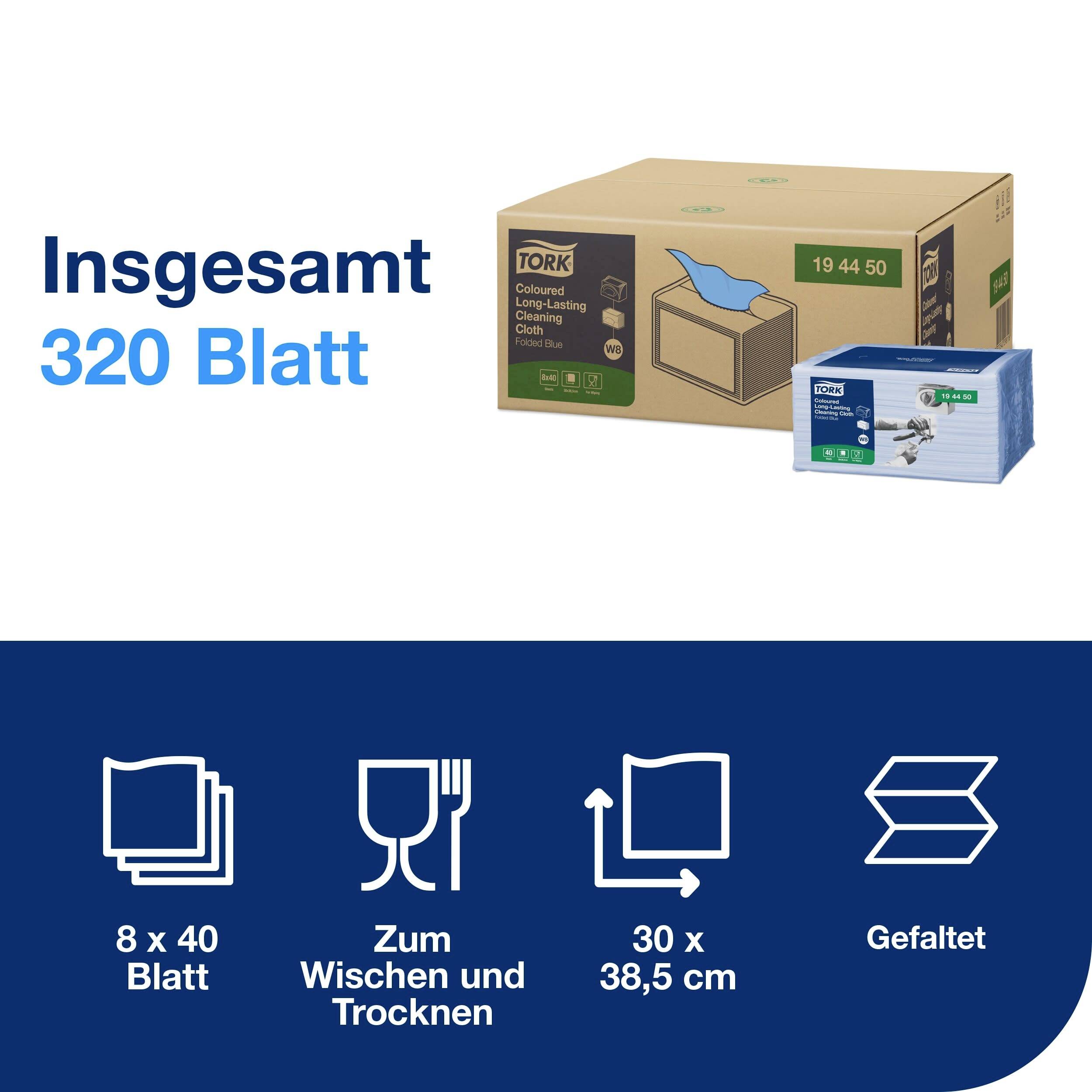 'In totaal 320 vellen Tork gekleurde schoonmaakdoeken. 8 paketten van 40 vellen, 30 x 38,5 cm, gevouwen, geschikt voor drogen en reinigen.'