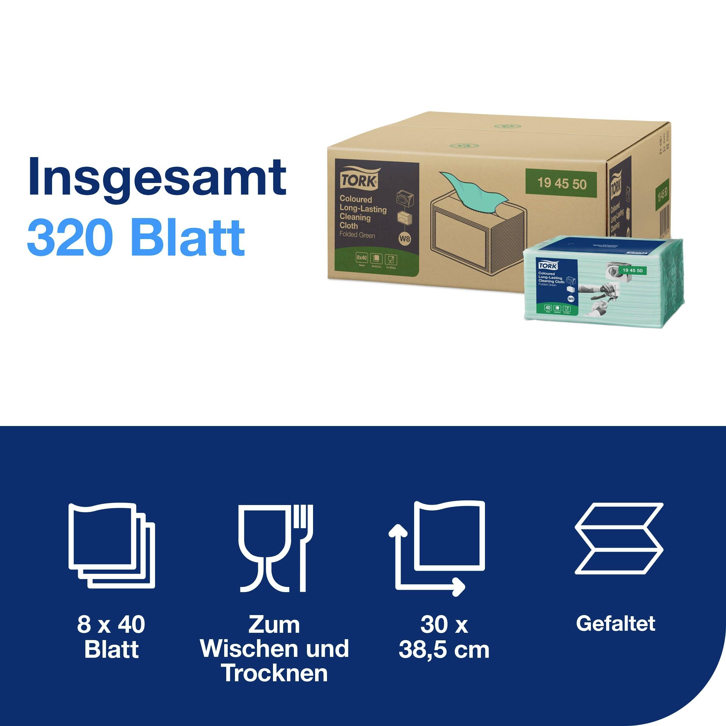 'In totaal 320 vel', staat op een verpakking van Tork Coloured Long-Lasting Clean Cloth. Geschikt voor vegen en drogen. Afmetingen: 30 x 38,5 cm, 8 verpakkingen met elk 40 vel.
