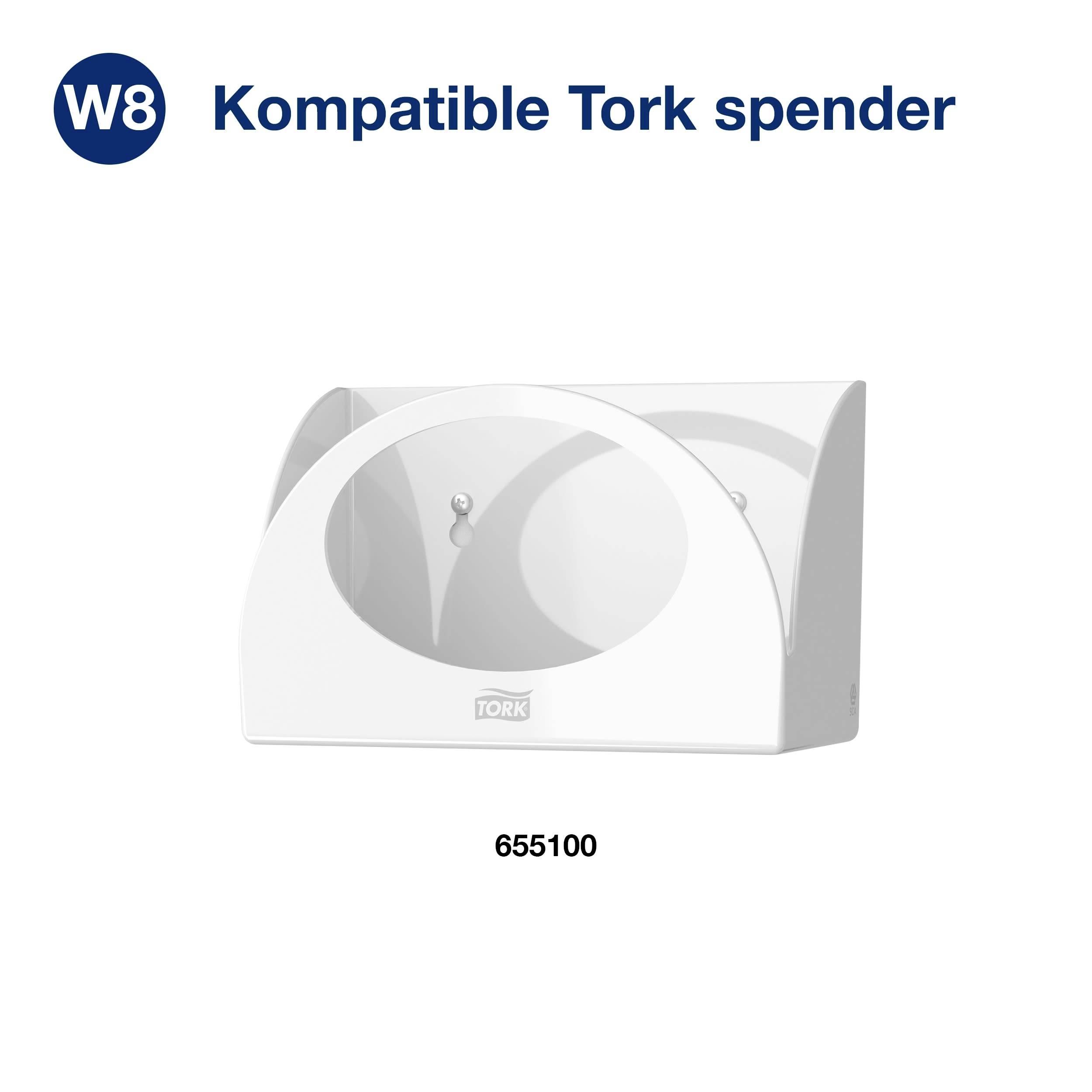 'Compatibele Tork-dispenser' toont een witte Tork-dispenser met modelnummer 655100, geschikt voor papieren handdoeken.