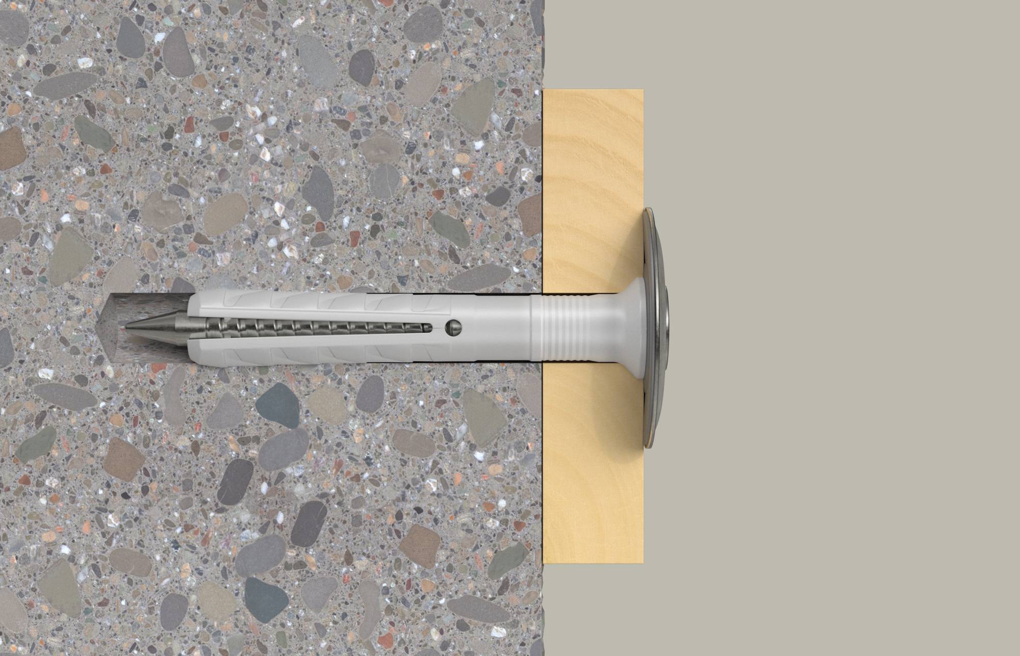 Zijkant-diagram van een muuranker of expansieplug die via een metalen bevestiger in een geboorde betonoppervlakte met een achterblok is ingebracht.