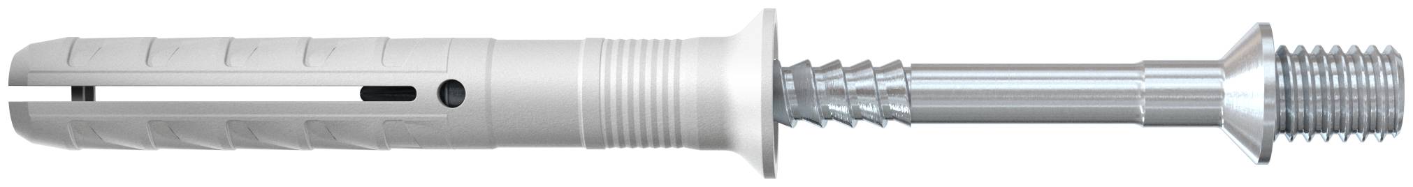 Ontplooide weergave van een witte kunststof gipsplaatsteker met een metalen schroef, waarbij het stekerlichaam en de draadbevestiger gescheiden zijn weergegeven.