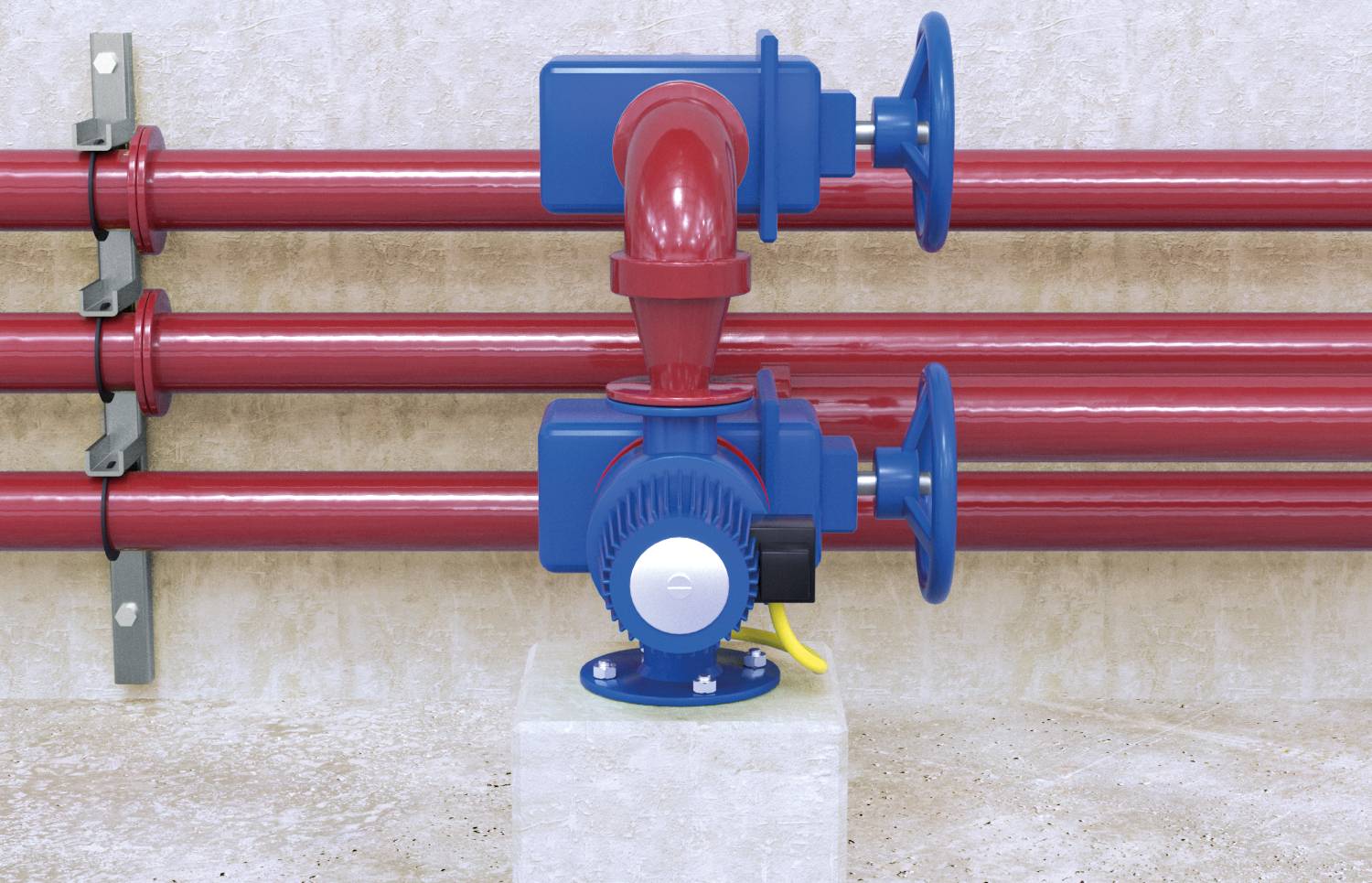 Blauwe en rode industriële klepaggregaat verbonden met horizontale rode pijpen, gemonteerd op een betonnen basis in een nuttigebruikruimte of fabrieksomgeving.