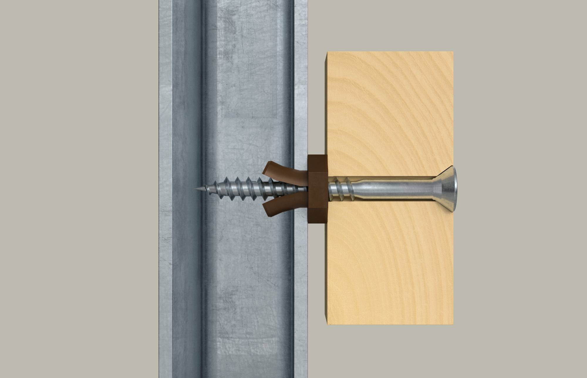 Gedetailleerde dwarsdoorsnede die een schroef toont die een houten blok aan een metalen stijl verankert, met bruine kunststofpluggen die aan de binnenkant van de stijl klemmen.
