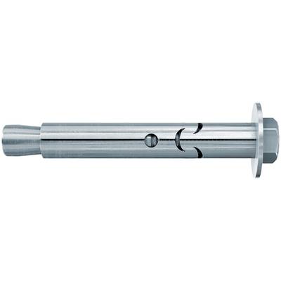 Close-up van een metalen expansieverankerbout met gesloten sleeves en een zeskantskop, gebruikt voor het beveiligen van armaturen in metselwerk.