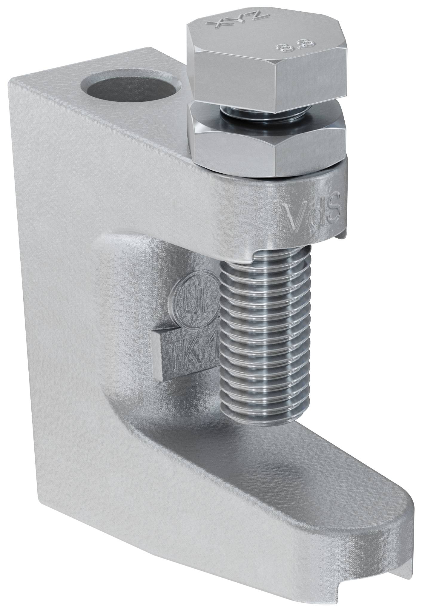 Metalen C-klem met een schroefdraad en zeskantsleutel, weergegeven in nahopname op een witte achtergrond.