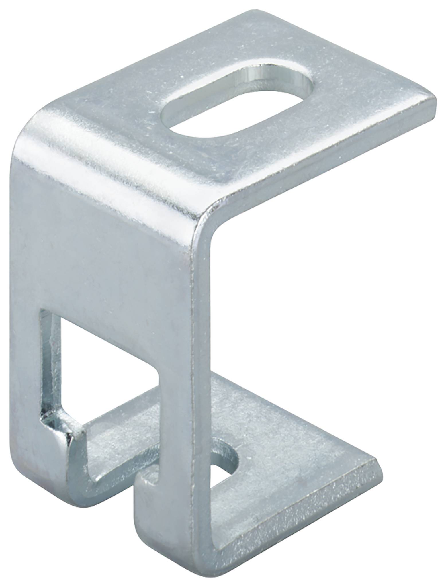 Zilveren metalen L-vormige montagebeugel met sleufgaten, geïsoleerd tegen een witte achtergrond.