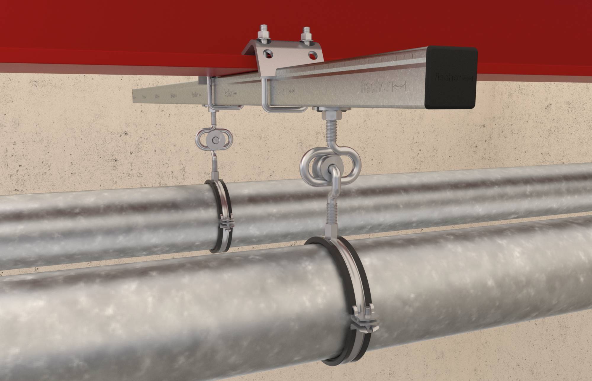 Opgehangen metalen pijpdragers en klemmen die een grote pijp onder een balk in een nutsinstallatie houden.