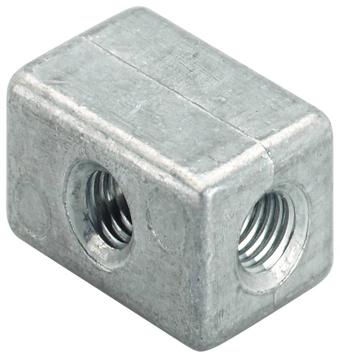 Metalen schroefdraad-aansluitblok met twee tegenovergestelde schroefgaten, weergegeven op een witte achtergrond.
