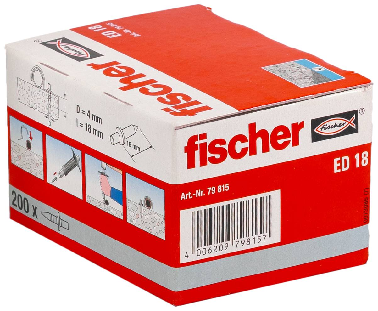 Rode en witte Fischer ED 18 ankerbox met productdiagrammen en barcode op de voorkant.