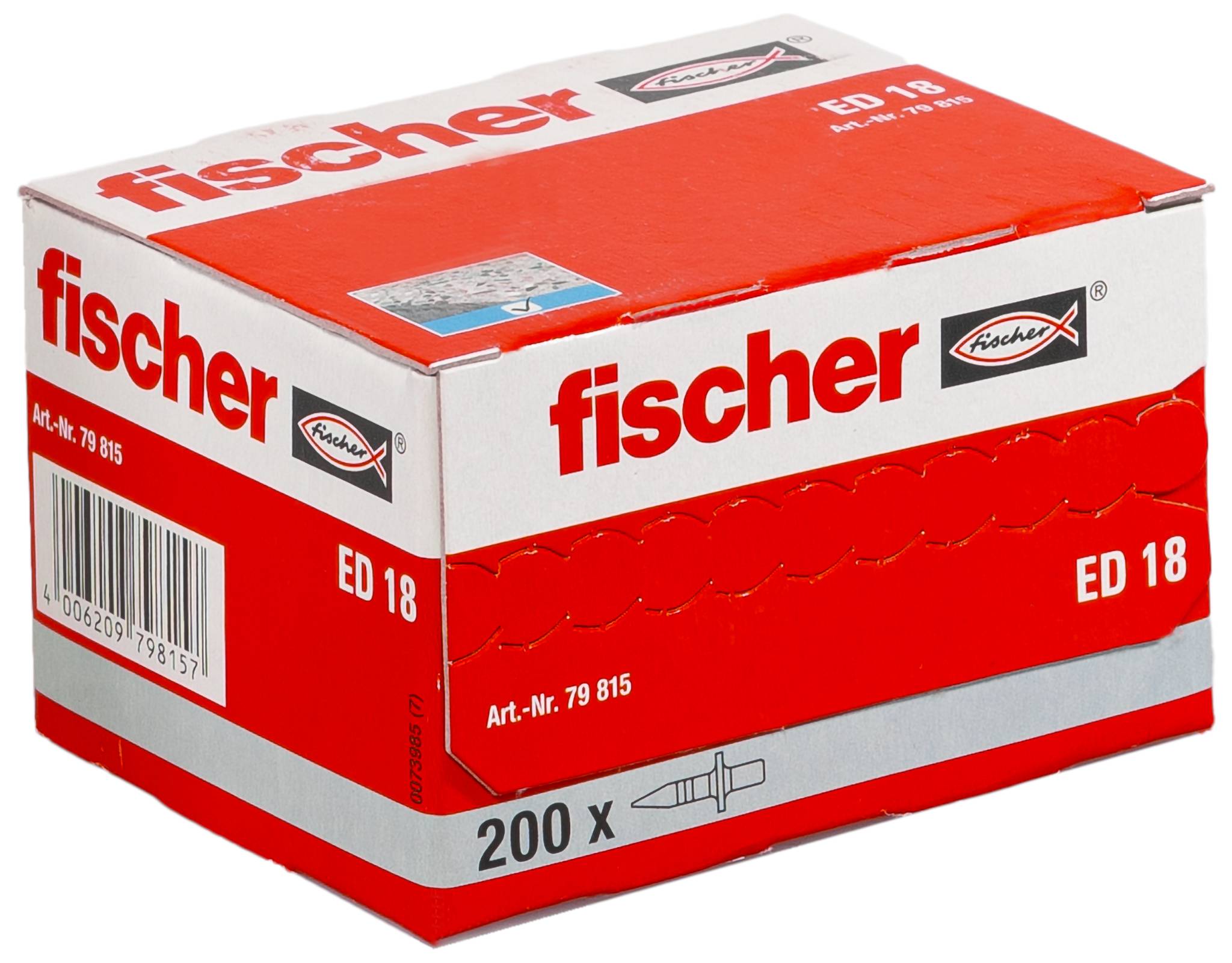 Rode en witte Fischer-doos gelabeld met 'ED 18', '200 x' en 'Art.-Nr. 79 815', waarschijnlijk bevattende wandankers of pluggen.