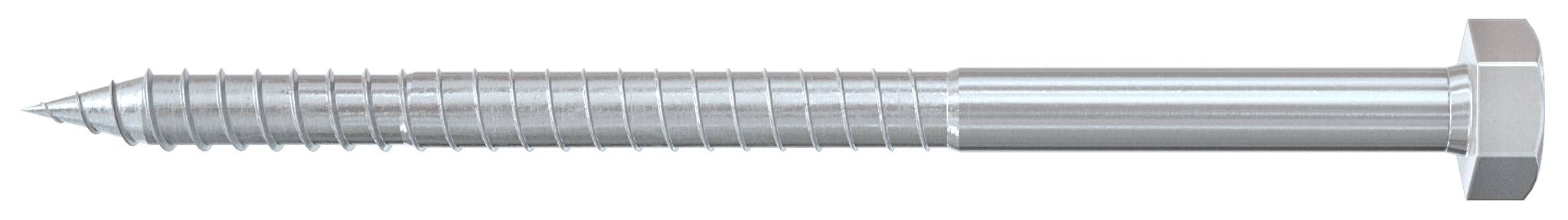 Een lange zilveren zeskante laagbout met grove draden en een puntige tip, horizontaal weergegeven op een witte achtergrond.