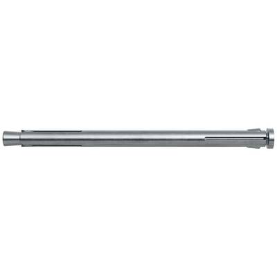 Een zilveren metalen cilindrische staaf met een gegroefde uiteinde en een flensachtige dop, horizontaal weergegeven op een witte achtergrond.