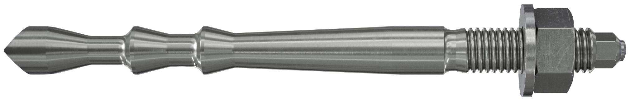 Metalen ankerbouten met een schroefdraadeinde, zeskantige moer en ring, weergegeven in zijaanzicht op een witte achtergrond.