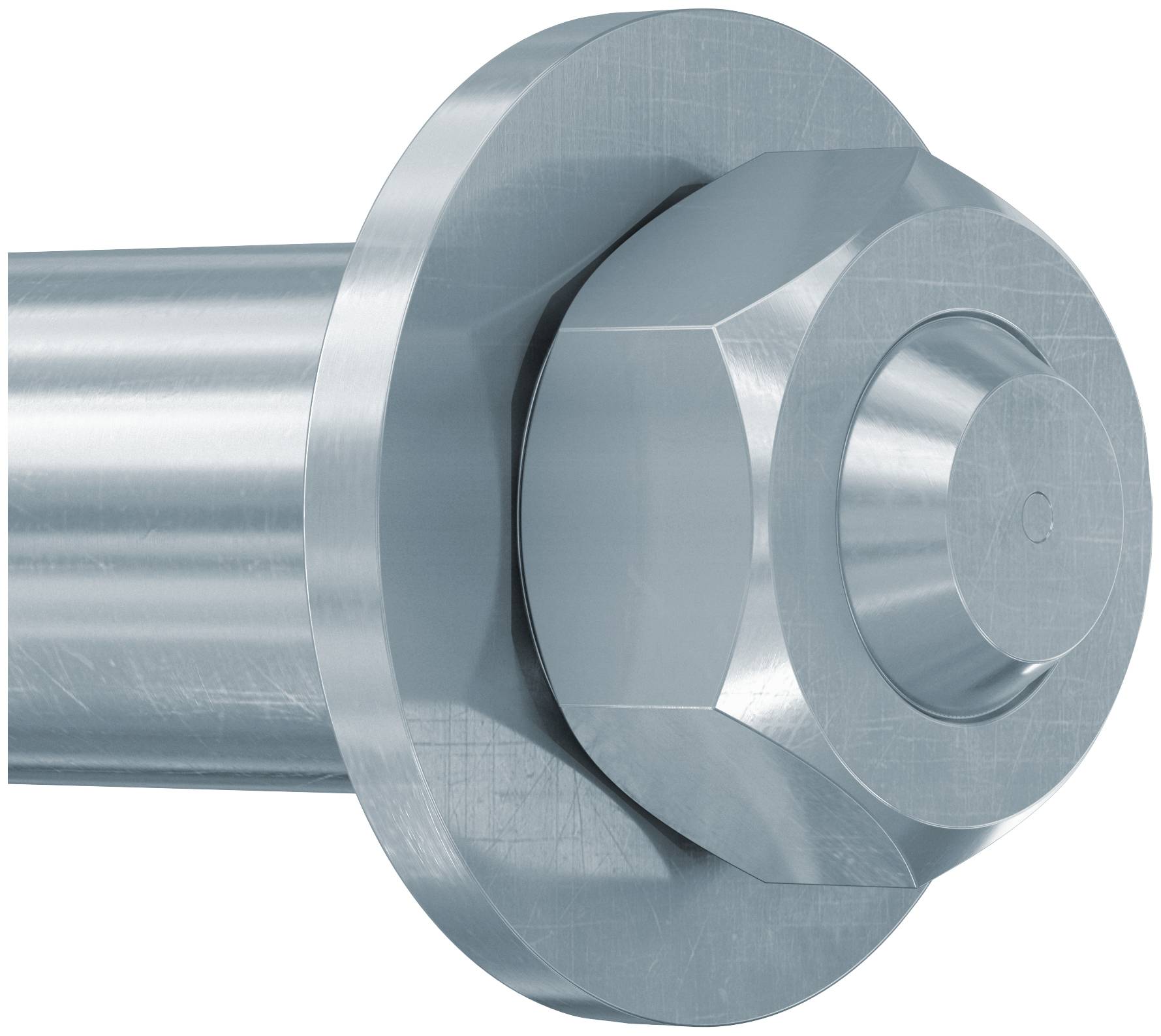 Close-up van een zilveren metalen bout of bevestigingsmiddel met een zeshoekige moer en afgeronde uiteinde op een cilindrische schacht.
