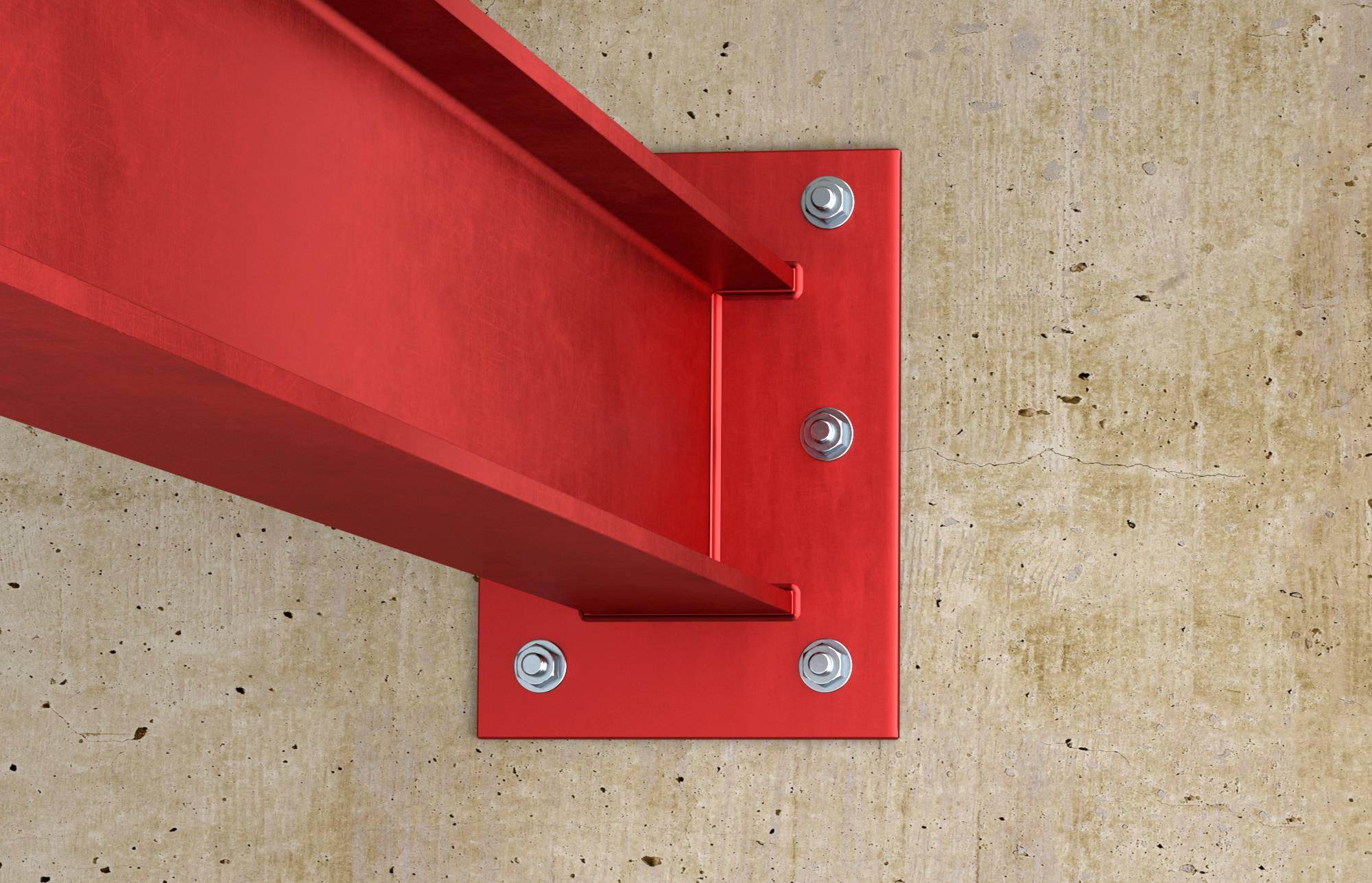 Detailfoto van een rode stalen balk die met bouten aan een betonnen wandplaat is bevestigd, waarop een constructieve verbinding zichtbaar is.