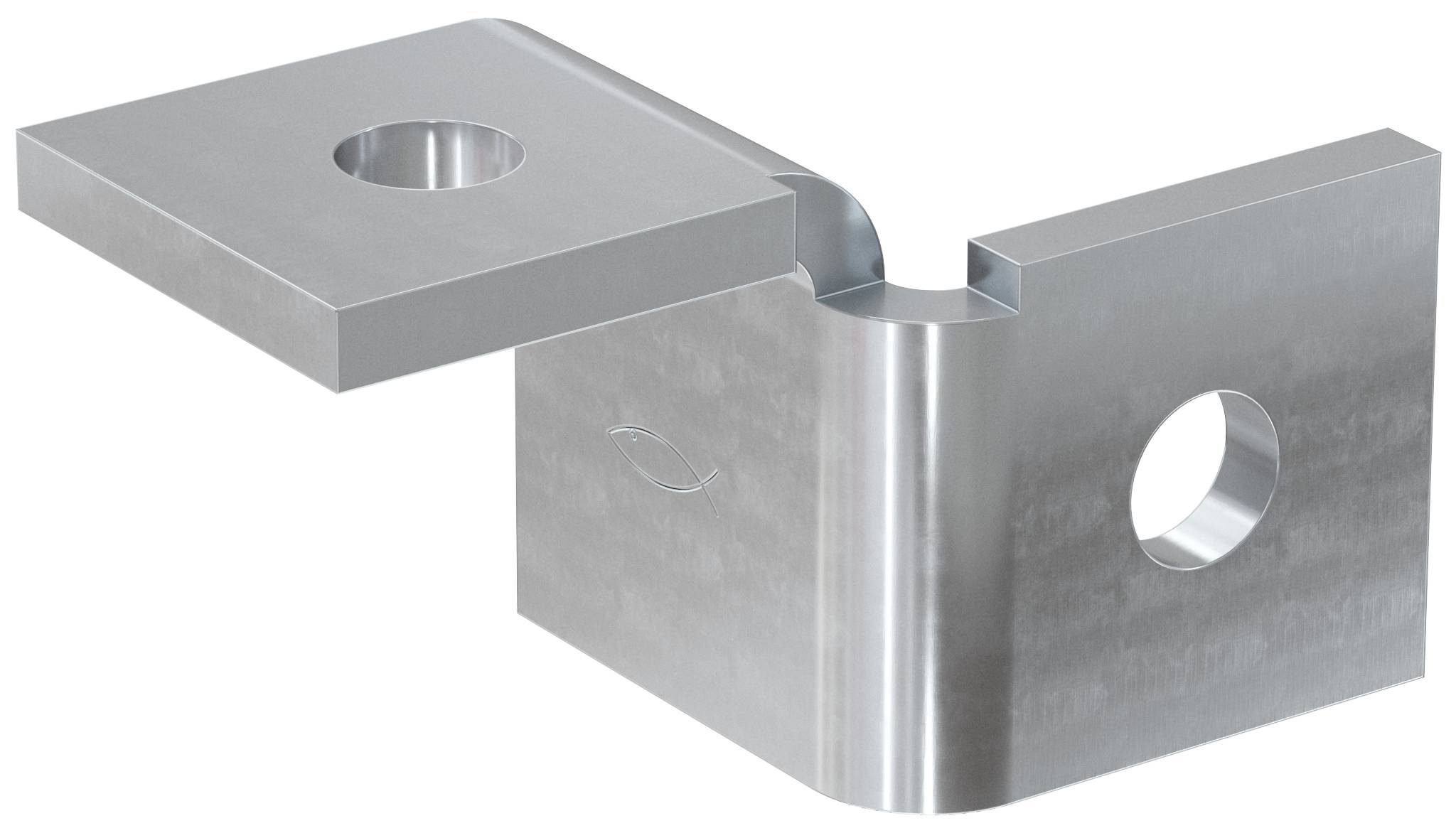 Metalen L-vormige beugel met twee bevestigingsgaten, één op de bovenplaat en één op de zijplaat.
