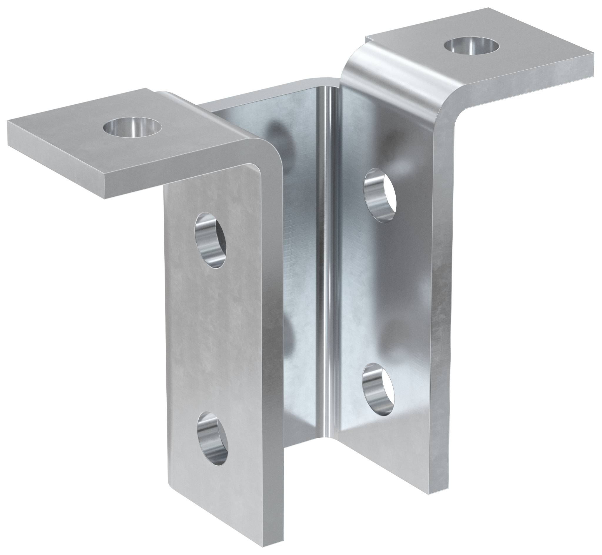 3D-rendering van een glanzend metalen hoekbeugel-connector met twee loodrechte platen en boutgaten, weergegeven op een witte achtergrond.