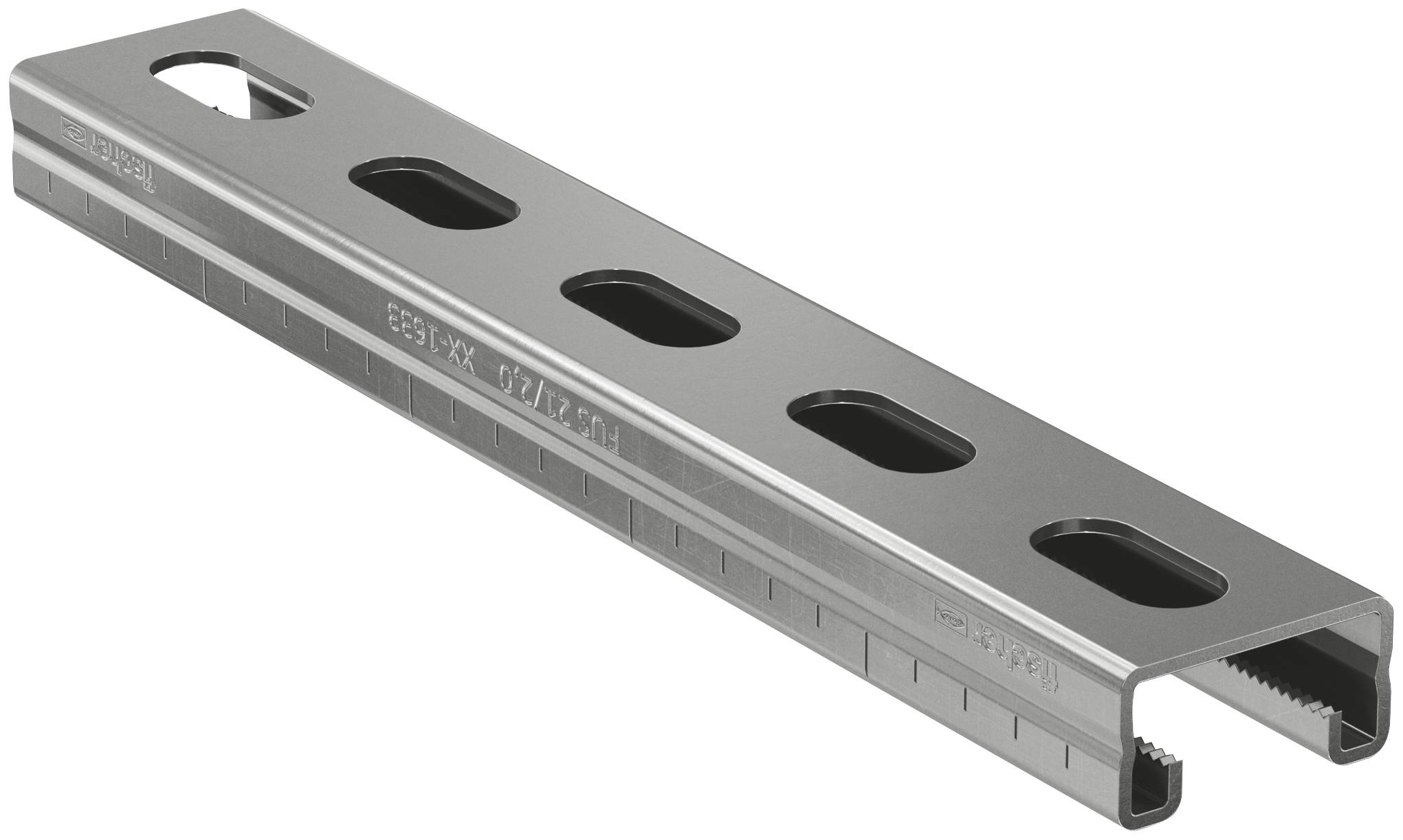 Metalen groefmontagekanaal met meerdere ovale gaten en een open U-vormig uiteinde, weergegeven in perspectief op een witte achtergrond.