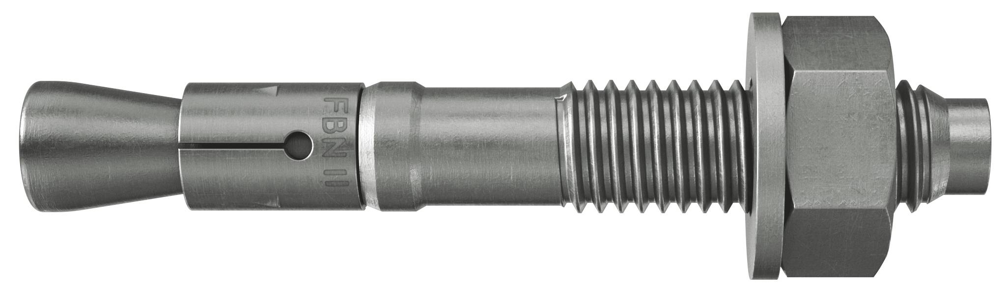 Metalen expansieanker met kegelvormige mof, schroefdraad en zeskantige moer op witte achtergrond.