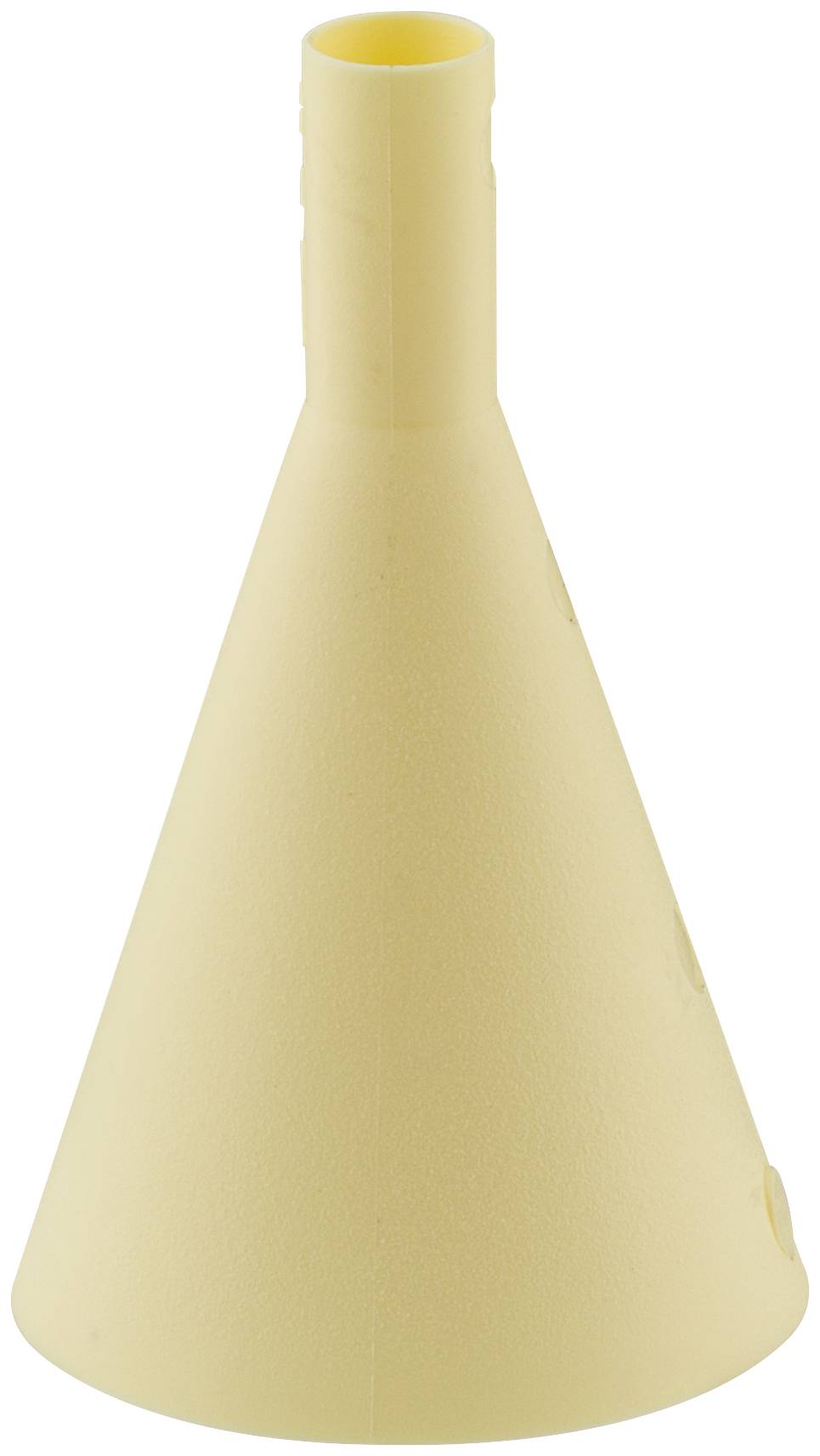 Een bleekgele kegelvormige trechter met een smalle cilindrische hals, geïsoleerd op een witte achtergrond.