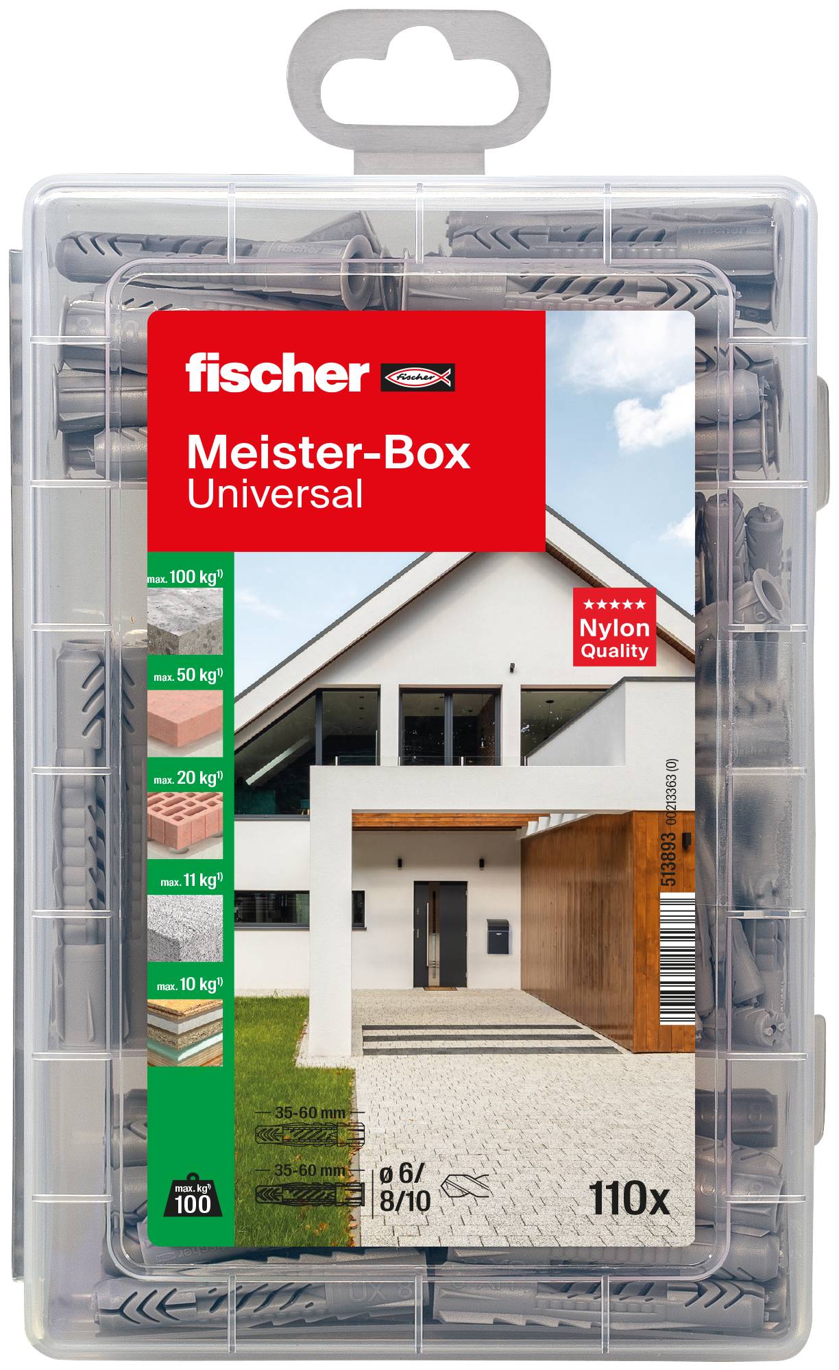 Verpakking van een Fischer 'Meister-Box Universal' met gemengde nylon wandpluggen, 110 stuks, getoond in een transparante kunststof opbergdoos.