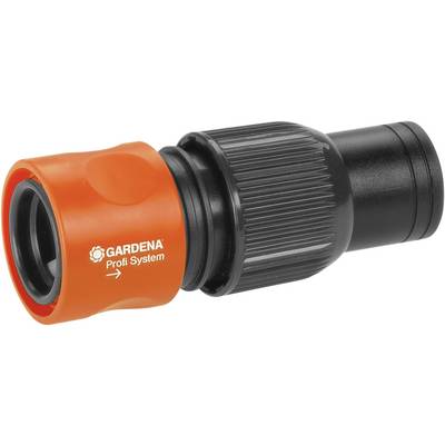 Oranje-zwarte tuinslangaansluiting met 'GARDENA Profi System' opdruk, gebruikt voor watervoorzieningssystemen in tuinen.