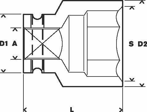Technische tekening van een onderdeel met afmetingen: Diameter D1, D2, lengte L, afstand A, S. Toont structuur en verhoudingen.