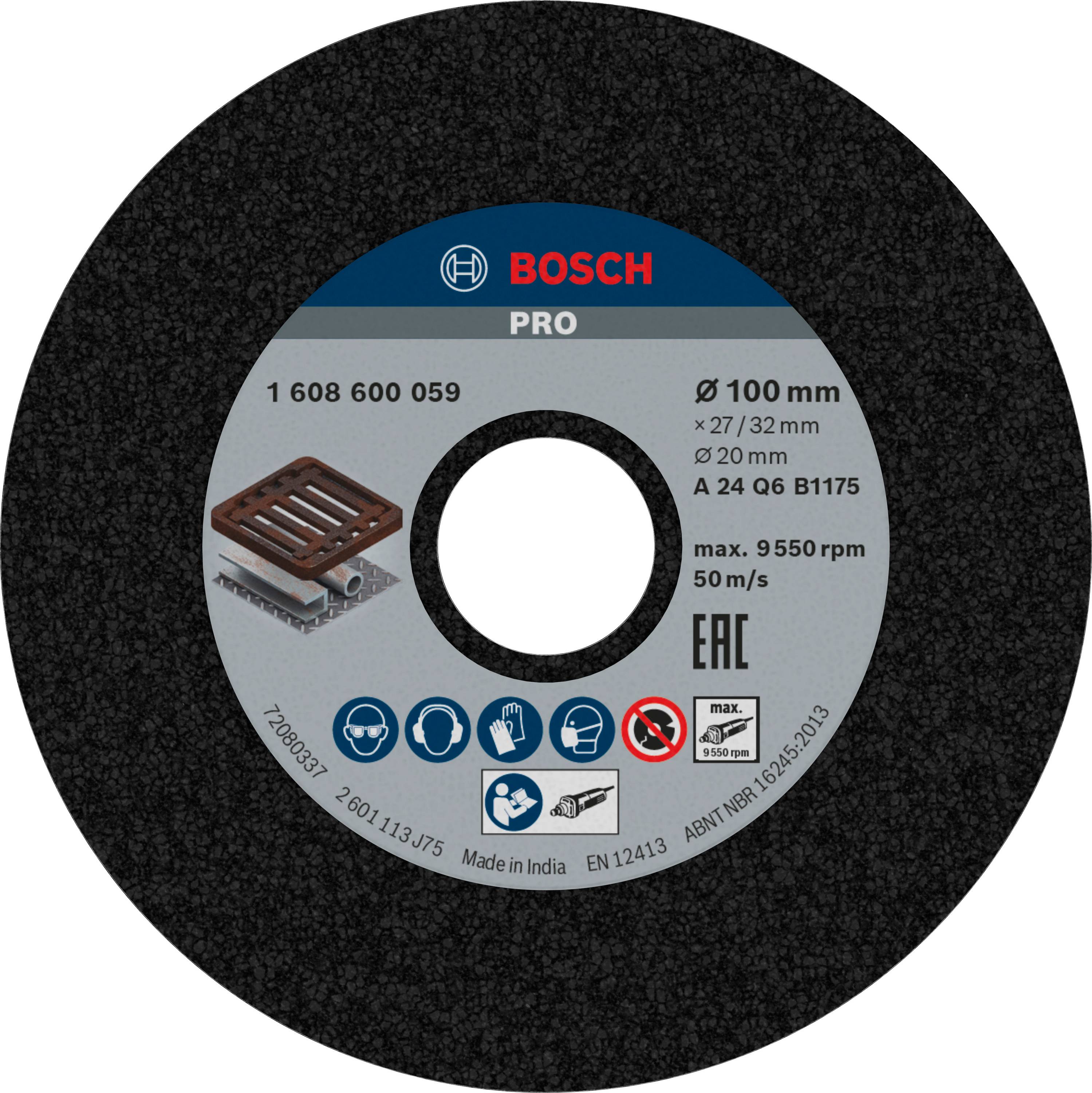 Slijpschijf van Bosch, 100 mm diameter, voor metaal. Max. 9550 tpm. Bevat symbolen voor veiligheidsuitrusting.
