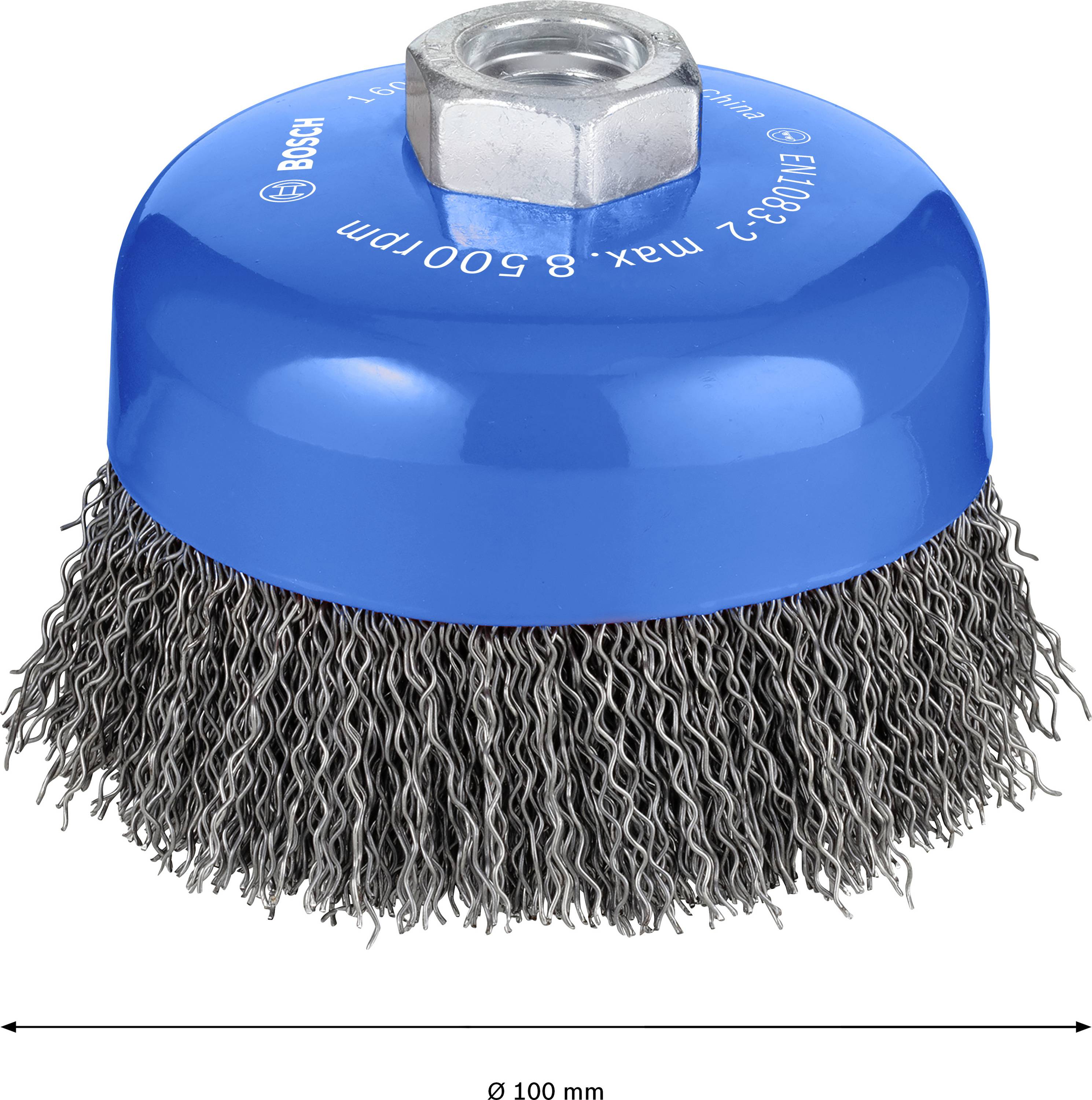 Borstelkop met metalen borstelharen en blauwe plastic kap, geschikt voor boormachines, voor het reinigen of ontroesten van oppervlakken.